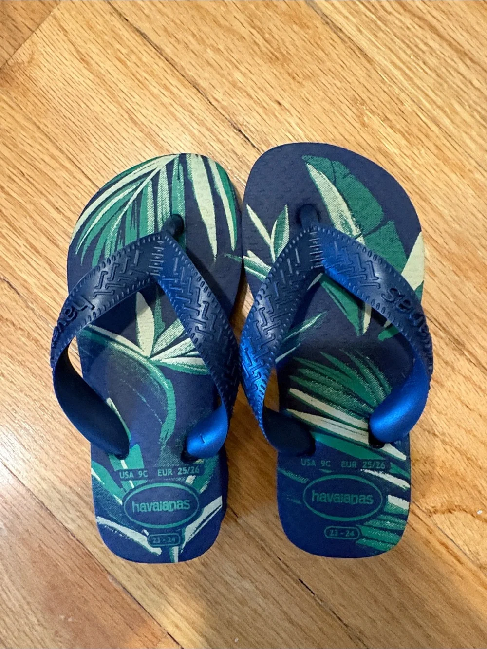Havaianas Navy Flip Flops with Green Leaf Design